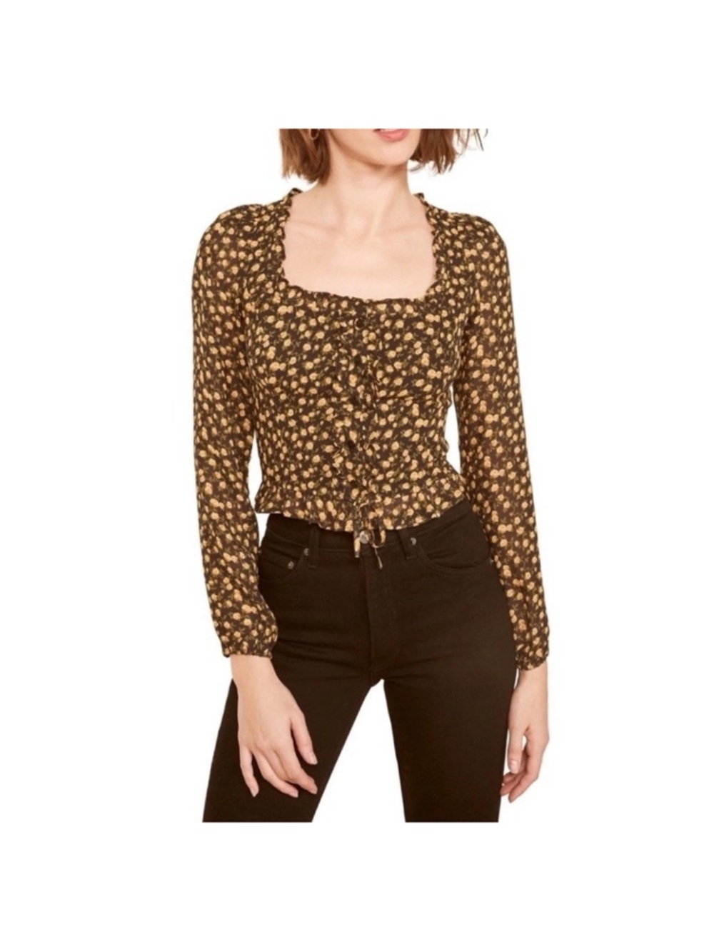 Reformation Italia Top Women’s Size 0 Floral Blouse Cropped Yellow Rose Black